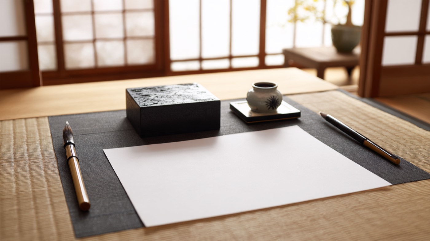書道部の道具（筆と硯と半紙）のイメージ