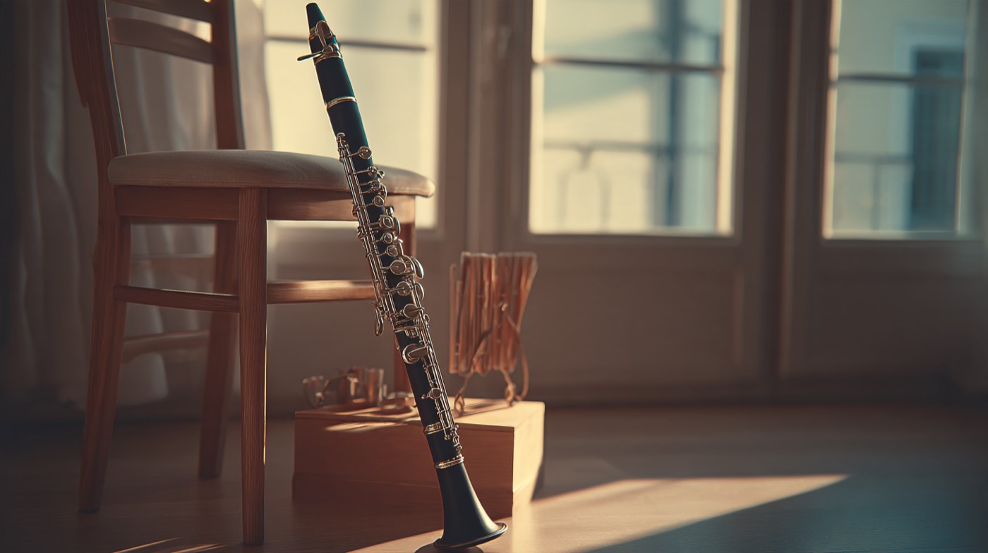 吹奏楽部の道具(楽器とリードと譜面台)のイメージ